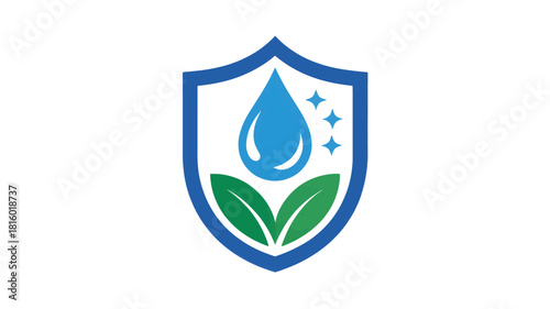 Abstract shield emblem featuring a vibrant blue water droplet above green leaves and three sparkling stars representing protection and purity silhouette