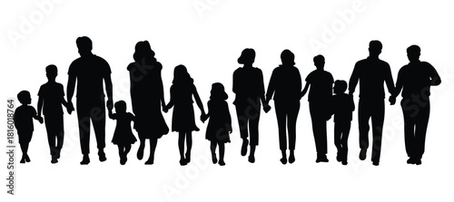 Silhouette of a Large Family Holding Hands. Parents and Children Unity Symbol Vector Illustration