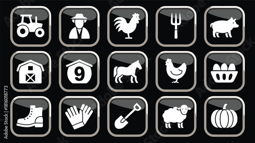 Collection of farm and agriculture icons in a clean modern silhouette style on a dark background representing rural life and farming activities