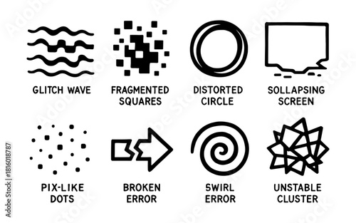 Creative error icons: digital glitch and distortion symbols for modern design