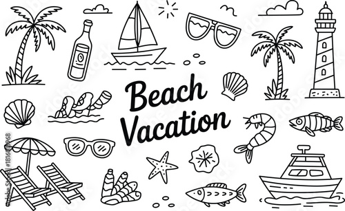 Summer Vacation Doodle Line Art Vector Beach Holiday Elements Illustration