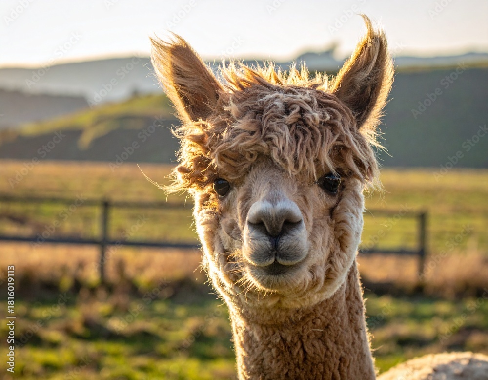 Obraz premium 포근한 알파카 초원 클로즈업 Cozy Alpaca Close-Up in Meadow