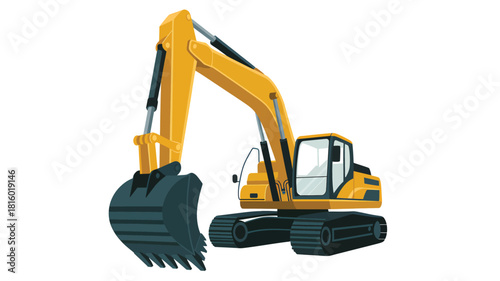 A bright yellow excavator with a large bucket and tracks is depicted in a clean silhouette against a white background showcasing construction equipment