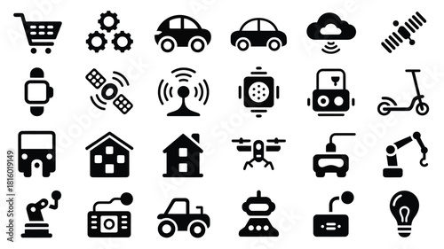 A collection of modern technology and smart device icons presented in a clean minimalist black silhouette style for digital use