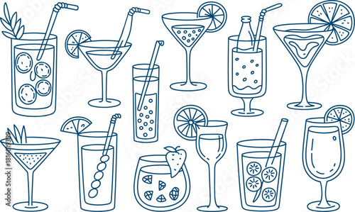 Cocktail Drinks Hand Drawn Line Art Vector Set Bar Menu Outline Illustration