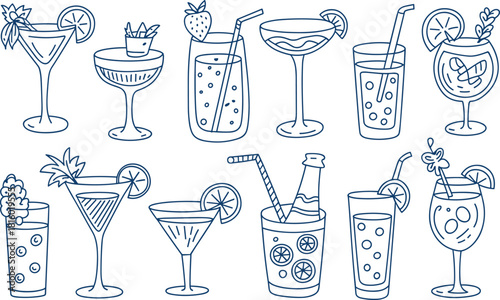 Cocktail Drinks Hand Drawn Line Art Vector Set Bar Menu Outline Illustration