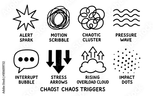 Chaotic elements collection featuring motion scribble, stress arrows, and rising overload cloud