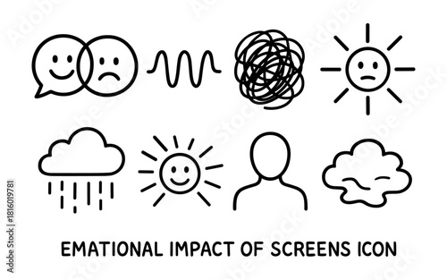 Line art icons depicting emotional impact of screen time on mental health