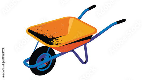 A vibrant orange and blue wheelbarrow depicted in a stylized silhouette against a clean white background for easy integration into various designs
