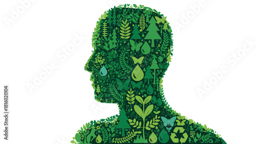 Human head and shoulders silhouette filled with green eco friendly symbols and nature elements representing environmental consciousness and sustainability silhouette