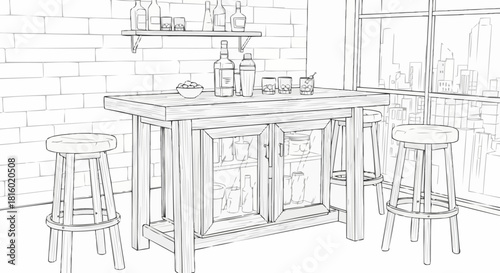 Sketch of a bar with stools and bottles.
