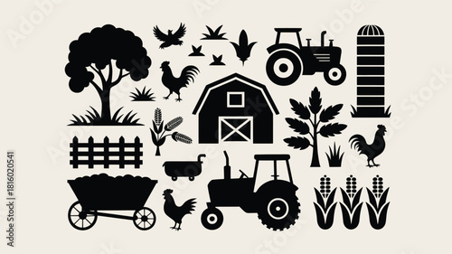 Collection of farm icons and elements in a distinctive silhouette style featuring tractors barns trees and animals