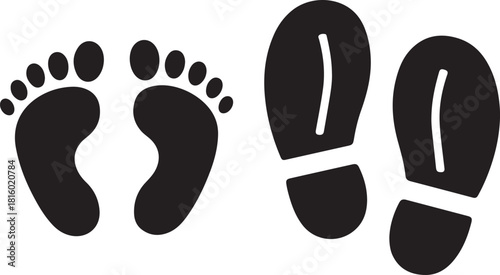 Different human footprints. Baby footprint - stock vector. Shoes for children and adults, adults and children's steps