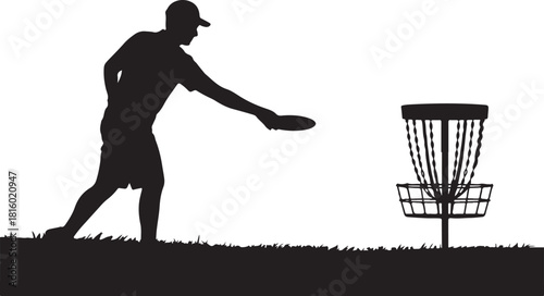 Disc golf player throwing a disc in the basket