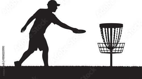Disc golf player throwing a disc in the basket
