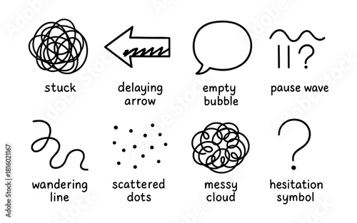 Hand drawn doodle icons for communication and navigation concepts
