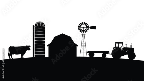 Classic american farm scene silhouette featuring a cow barn silo windmill and tractor on a hillside