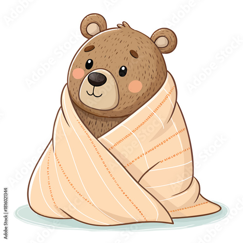 Cute Cartoon Bear Wrapped in a Cozy Blanket.