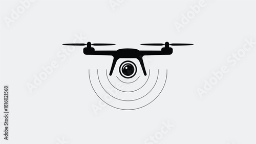Modern quadcopter drone with camera and signal waves depicted as a clean black silhouette against a light gray background representing technology and aerial surveillance silhouette