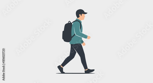 Young man walking with backpack, wearing cap, casual outfit, outdoor activity, lifestyle concept.