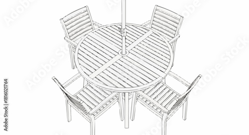 Outdoor Patio Dining Set with Umbrella and Four Chairs.