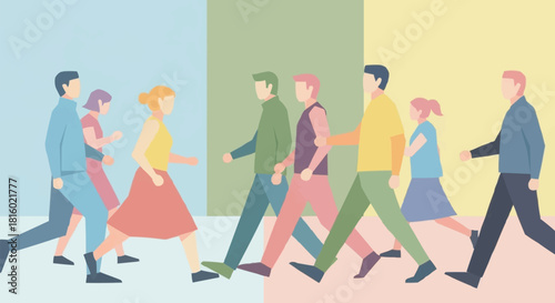 Diverse group of people walking in different directions.