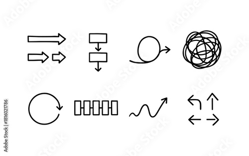 Hand drawn flowchart elements collection with arrows and shapes