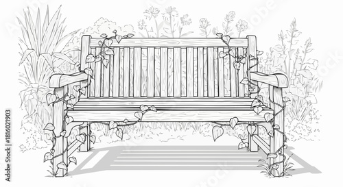Wooden bench with climbing plants in a garden setting, perfect for relaxation.