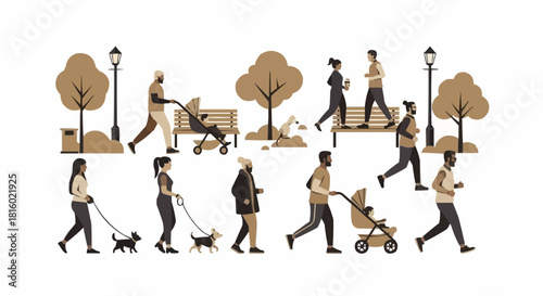 Diverse group of people enjoying outdoor activities in a city park.