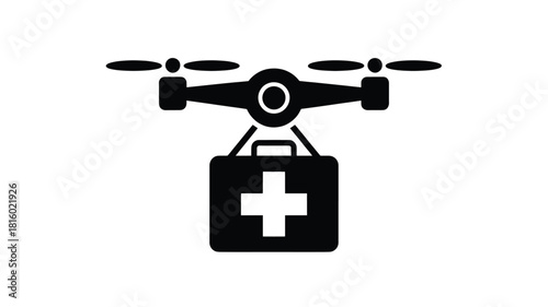 Modern drone delivering a medical first aid kit with a white cross symbol in a clean silhouette style