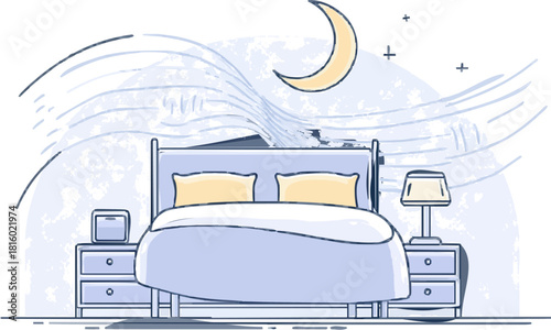 Nighttime Dreamscape: The serene bedroom scene with a view of the night sky and moon