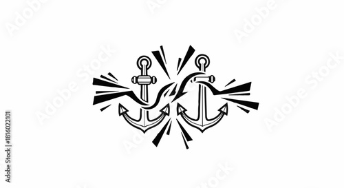 Two nautical anchors connected by a dynamic line, symbolizing connection and strength