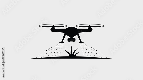 Modern agricultural drone spraying pesticides on crops in a minimalist black silhouette against a light background representing precision farming and technology