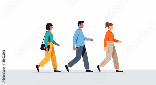 Three individuals walking together in a line, moving forward with purpose.