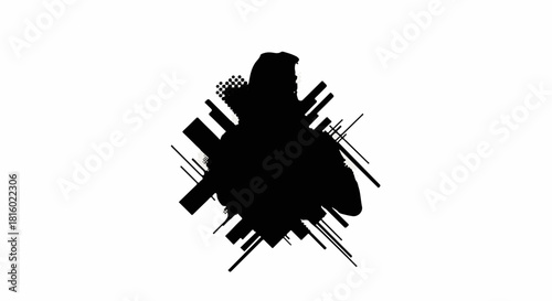 Abstract black ink splash with dynamic geometric lines on white background