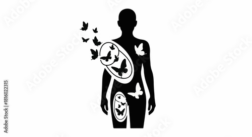 Silhouetted figure with butterflies emerging and flying away, symbolizing freedom and transformation
