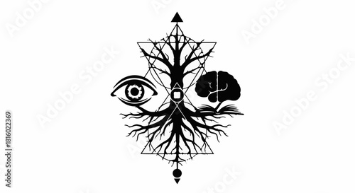Symbolic tree of life connects mind, vision, and knowledge in sacred geometry.