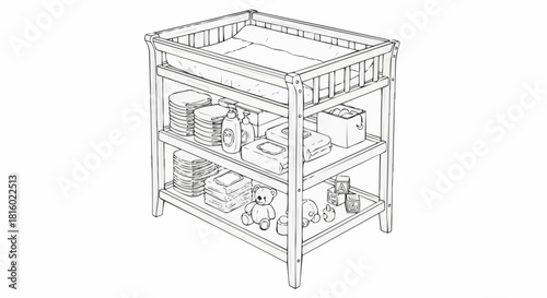 Detailed Line Drawing of a Baby Changing Table with Storage.