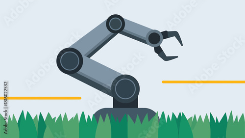 Industrial robotic arm in silhouette against a light blue background with green grass and yellow lines representing a futuristic manufacturing or automation concept silhouette