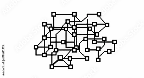 Abstract network of connected squares and lines forming a complex, interconnected structure.
