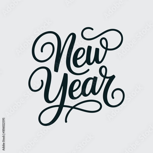 New Year written in a joining script style with a bold and stylish stroke in high-quality vector format, designed as an elegant festive typography logo suitable for celebration graphics, greeting card