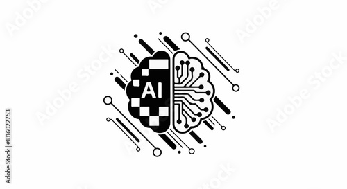 Digital brain with AI symbol merging with organic neural network, representing artificial intelligence development.