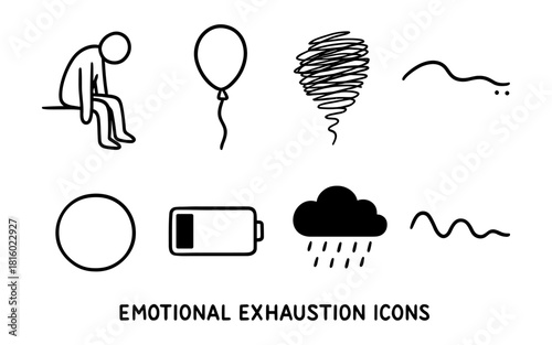 Minimalist symbols representing emotional burnout and fatigue