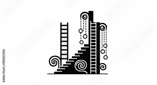 Surreal architectural design with ascending stairs and decorative elements