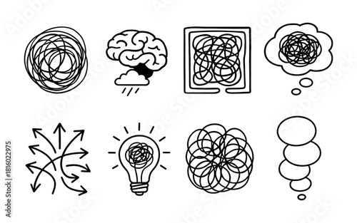 Creative doodle icons: brainstorming, chaos, and idea concepts in line art
