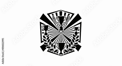 Triumphant award emblem with laurel wreaths and trophies symbolizing achievement and victory