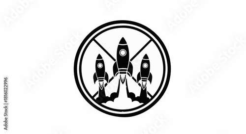 Three stylized rockets launching upwards within a circular emblem, symbolizing progress and exploration.
