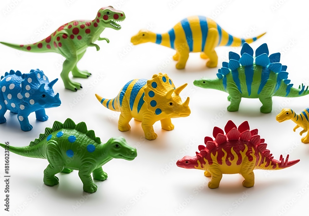 Naklejka premium Colorful toy dinosaurs isolated on white background, perfect for kids play