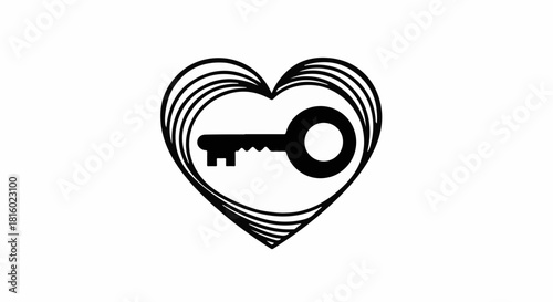 Symbol of unlocking love and opening hearts with a vintage key inside a stylized heart outline.