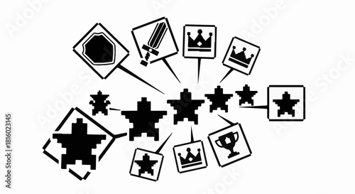 Pixelated game icons representing achievements, rewards, and progression on a white background